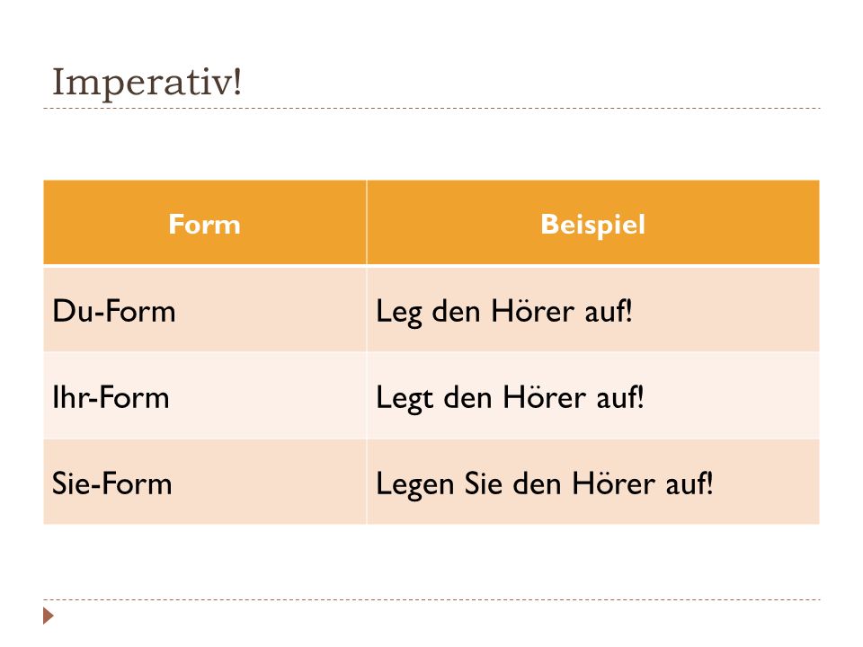 Imperativ! Du-Form Leg den Hörer auf! Ihr-Form Legt den Hörer auf!