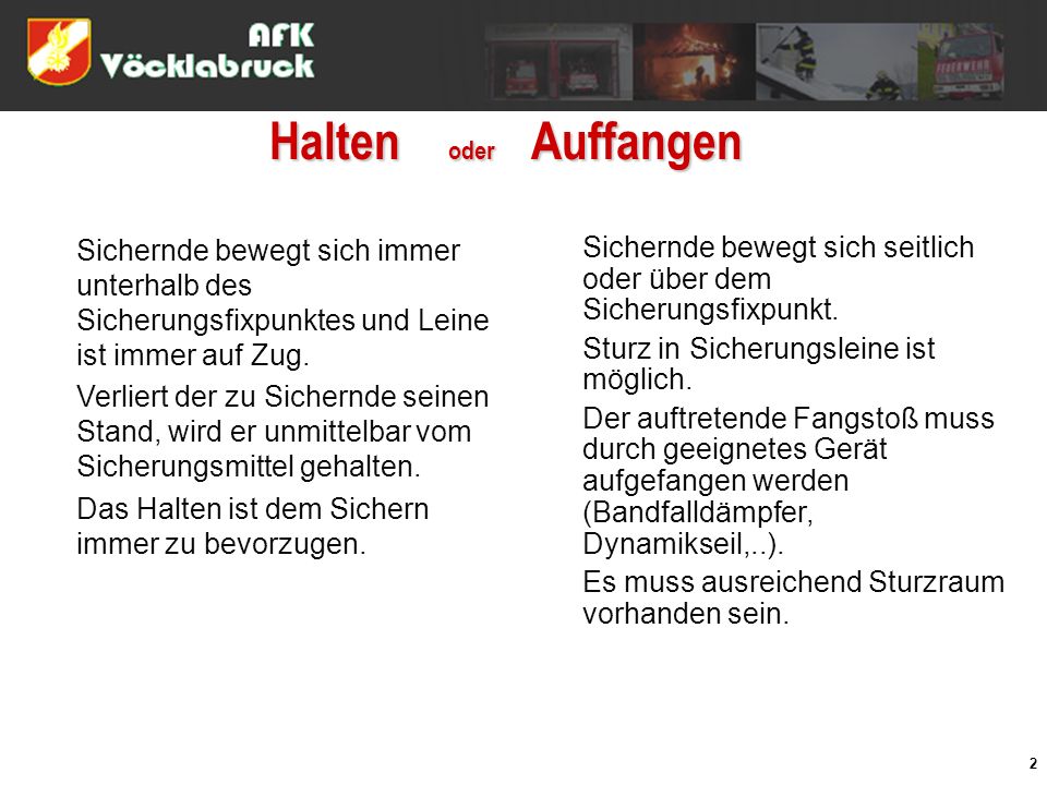 Halten oder Auffangen Sichernde bewegt sich immer unterhalb des Sicherungsfixpunktes und Leine ist immer auf Zug.