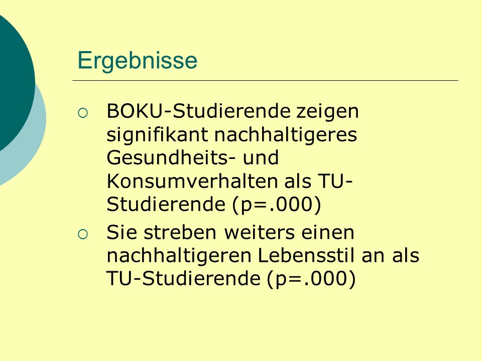 Ergebnisse BOKU-Studierende zeigen signifikant nachhaltigeres Gesundheits- und Konsumverhalten als TU-Studierende (p=.000)