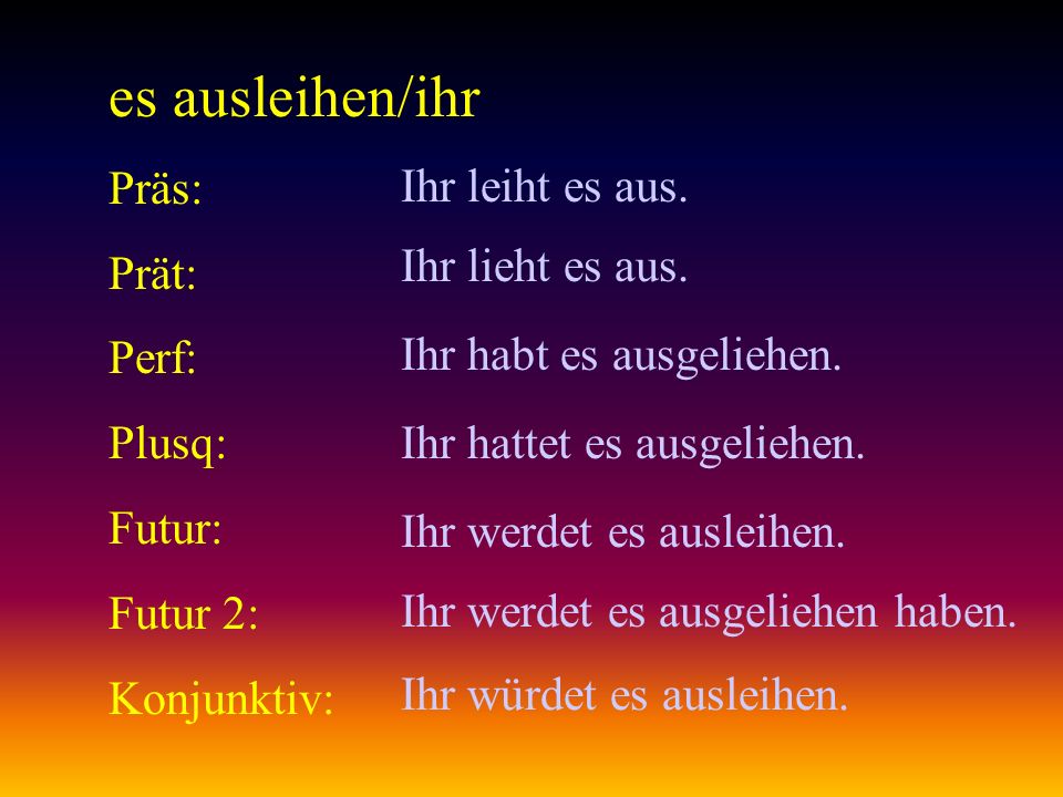 es ausleihen/ihr Präs: Prät: Ihr leiht es aus. Perf: Plusq: