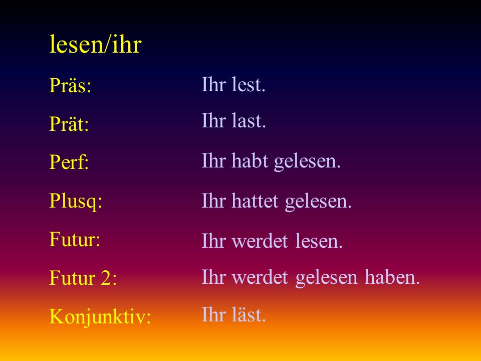 lesen/ihr Präs: Prät: Ihr lest. Perf: Plusq: Ihr last. Futur: Futur 2: