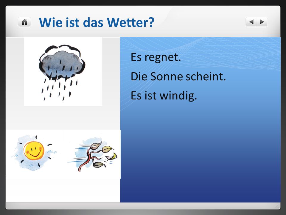 Wie ist das Wetter Es regnet. Die Sonne scheint. Es ist windig.