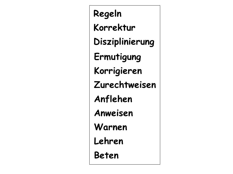 Ermutigung Korrigieren. Zurechtweisen. Anflehen. Anweisen. Warnen. Lehren. Beten. Regeln. Korrektur.
