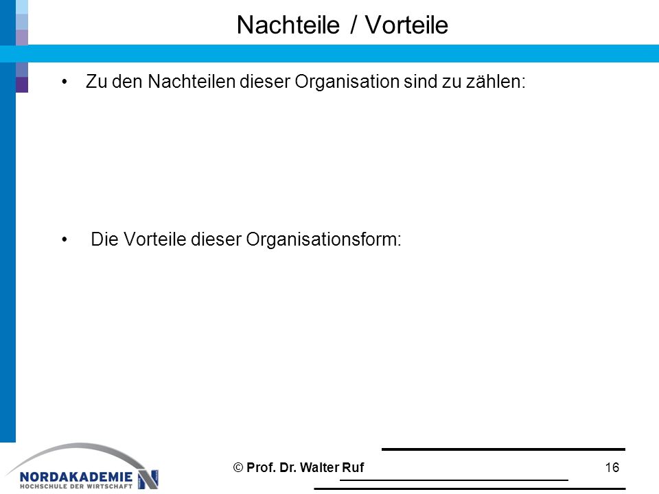 Nachteile / Vorteile Zu den Nachteilen dieser Organisation sind zu zählen: Die Vorteile dieser Organisationsform: