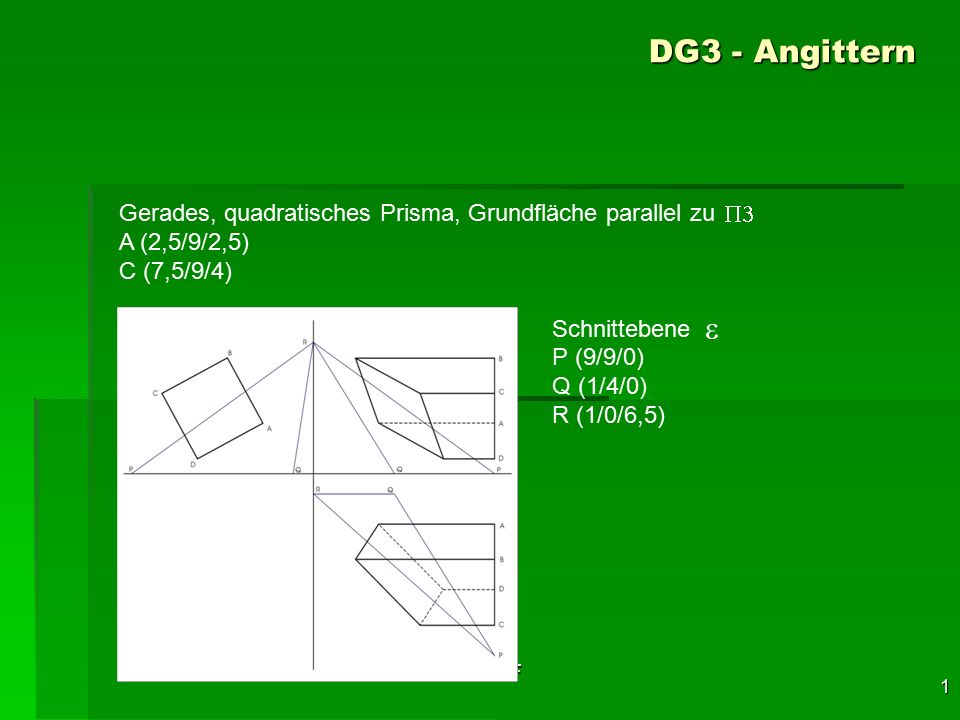 DG3 - Angittern Gerades, quadratisches Prisma, Grundfläche parallel zu. A (2,5/9/2,5) C (7,5/9/4)