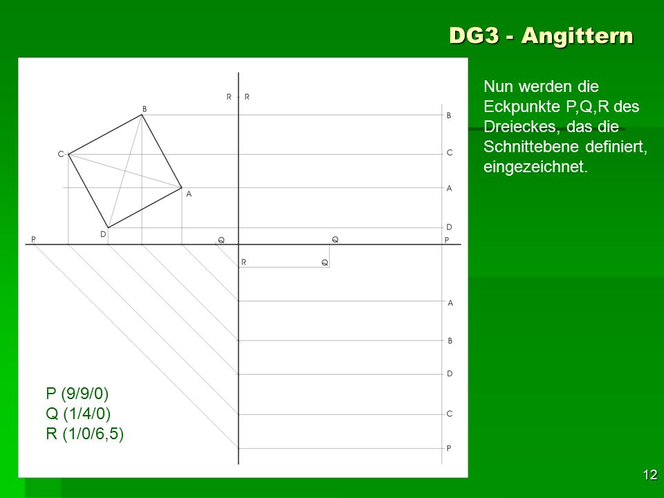 DG3 - Angittern Nun werden die Eckpunkte P,Q,R des Dreieckes, das die Schnittebene definiert, eingezeichnet.