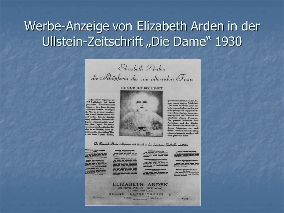 Werbe-Anzeige von Elizabeth Arden in der Ullstein-Zeitschrift „Die Dame 1930