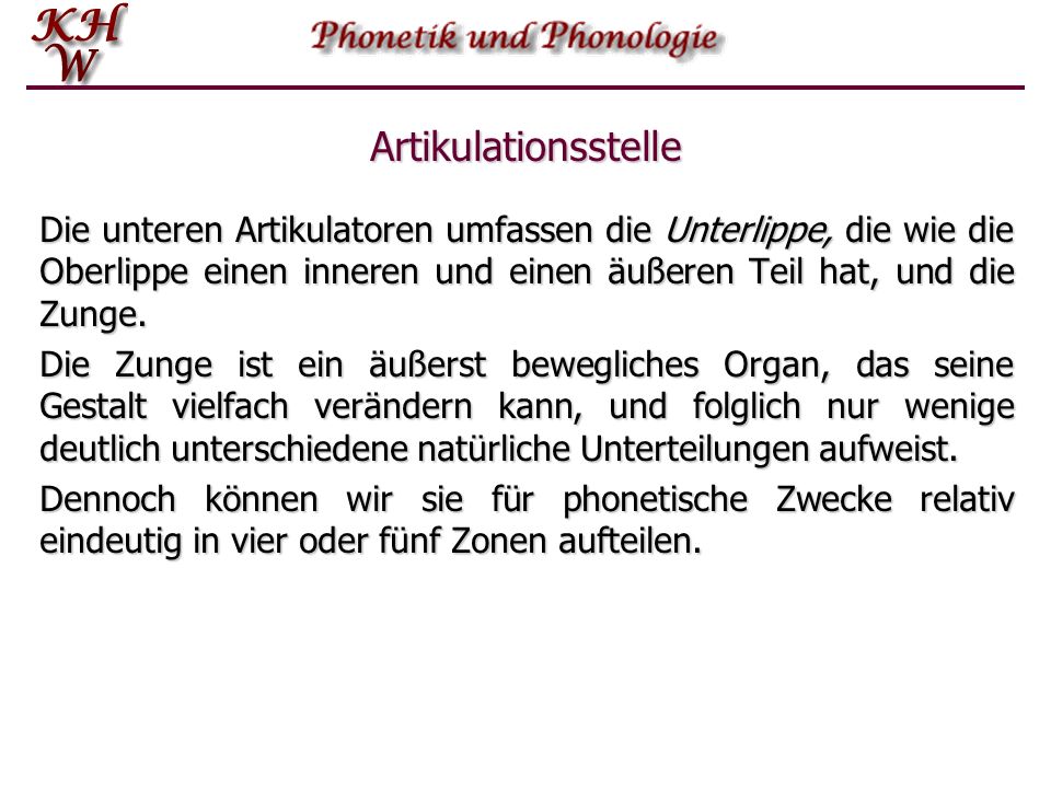 Artikulationsstelle Die unteren Artikulatoren umfassen die Unterlippe, die wie die Oberlippe einen inneren und einen äußeren Teil hat, und die Zunge.