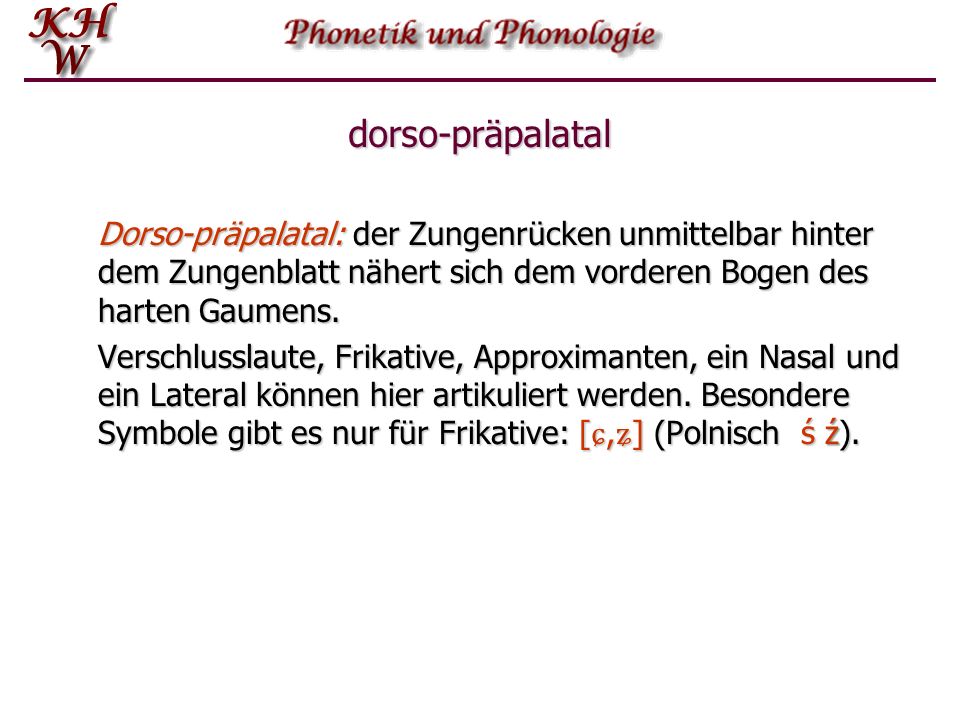 dorso-präpalatal Dorso-präpalatal: der Zungenrücken unmittelbar hinter dem Zungenblatt nähert sich dem vorderen Bogen des harten Gaumens.