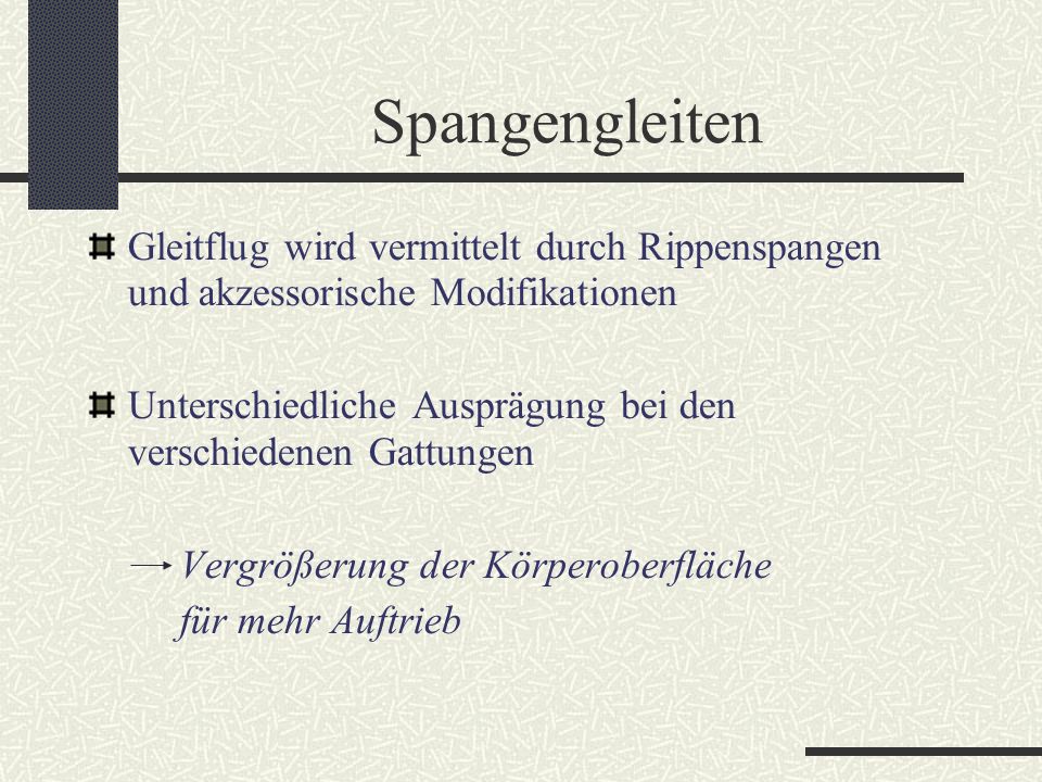 Spangengleiten Gleitflug wird vermittelt durch Rippenspangen und akzessorische Modifikationen.