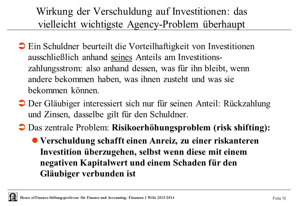Wirkung der Verschuldung auf Investitionen: das vielleicht wichtigste Agency-Problem überhaupt