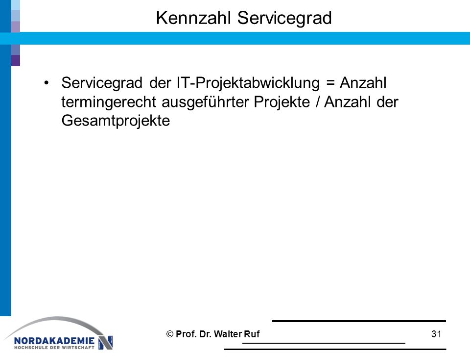 Kennzahl Servicegrad Servicegrad der IT-Projektabwicklung = Anzahl termingerecht ausgeführter Projekte / Anzahl der Gesamtprojekte.