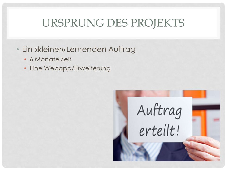 Ursprung des Projekts Ein «kleiner» Lernenden Auftrag 6 Monate Zeit
