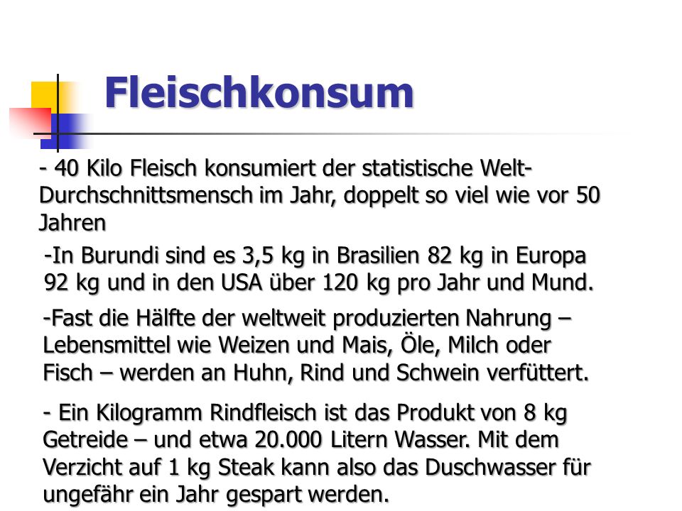 Fleischkonsum 40 Kilo Fleisch konsumiert der statistische Welt-Durchschnittsmensch im Jahr, doppelt so viel wie vor 50 Jahren.