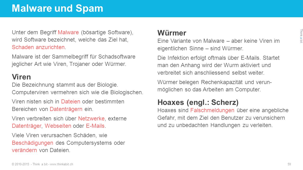 Malware und Spam Würmer Viren Hoaxes (engl.: Scherz)