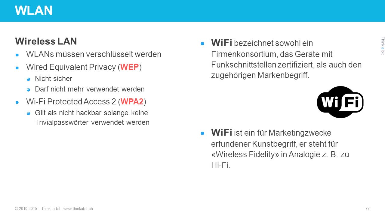 WLAN Wireless LAN. WLANs müssen verschlüsselt werden. Wired Equivalent Privacy (WEP) Nicht sicher.