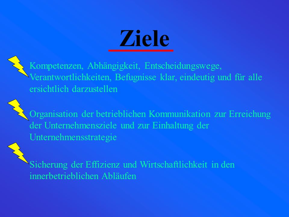 Ziele Kompetenzen, Abhängigkeit, Entscheidungswege, Verantwortlichkeiten, Befugnisse klar, eindeutig und für alle ersichtlich darzustellen.