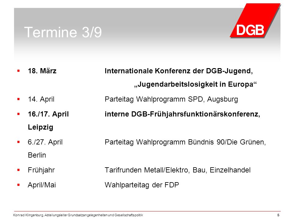 Termine 3/9 18. März Internationale Konferenz der DGB-Jugend, „Jugendarbeitslosigkeit in Europa