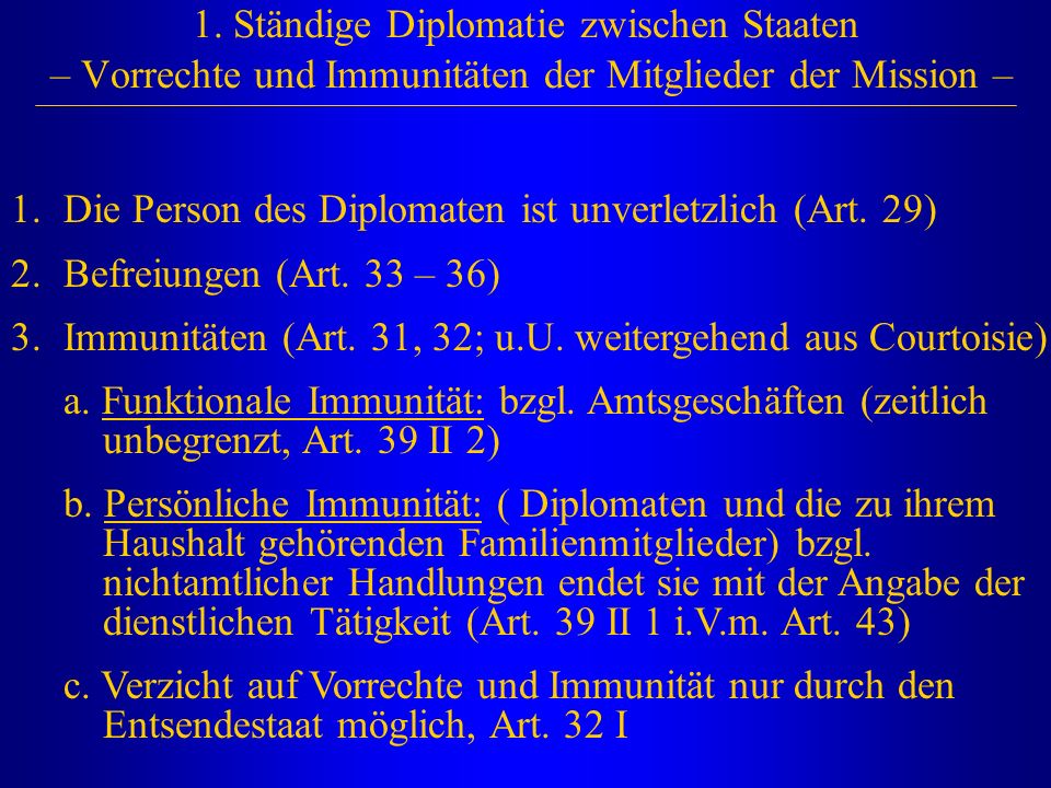 1. Ständige Diplomatie zwischen Staaten – Vorrechte und Immunitäten der Mitglieder der Mission –